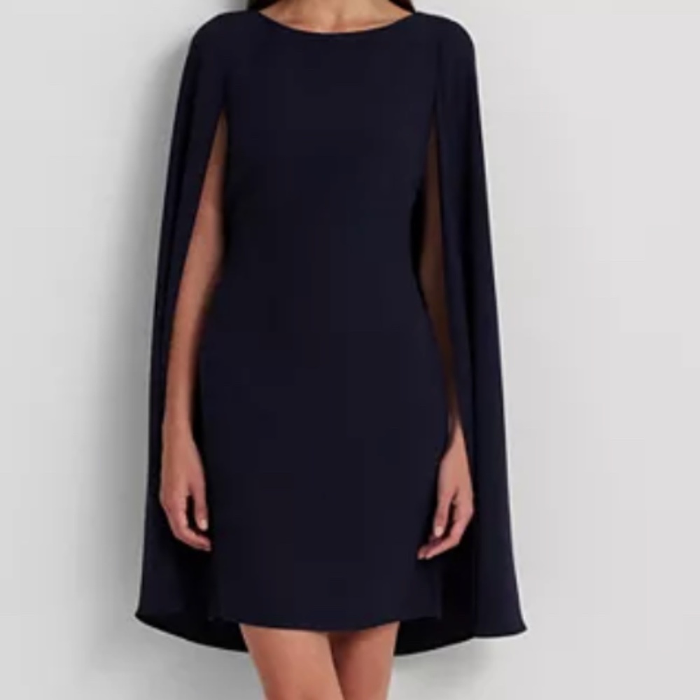 Ralph Lauren Cape Georgette Cocktail Dress (Navy Blue)